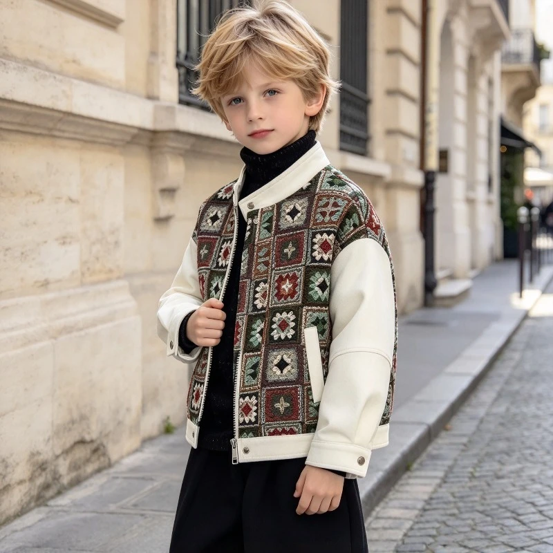 Boys Clothes Set Kids Beige Embroidered Patchwork Jacket PU Leather Splicing Black Wide Leg Pants Children Fashion Outfit 2-14Y