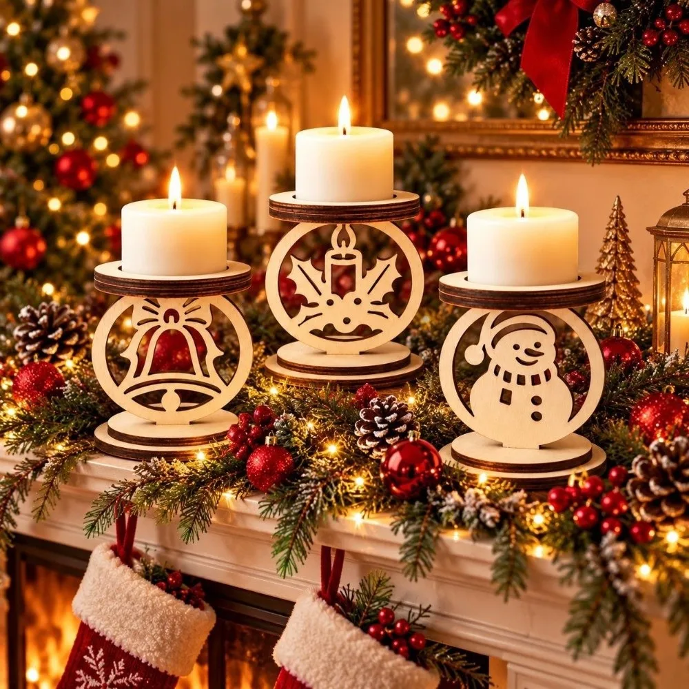 3Pcs Hollowed Out Wooden Christmas Candle Holder Bell Pattern Handmade Christmas Tea Light Holder Vintage Tree Snowman Snowflake