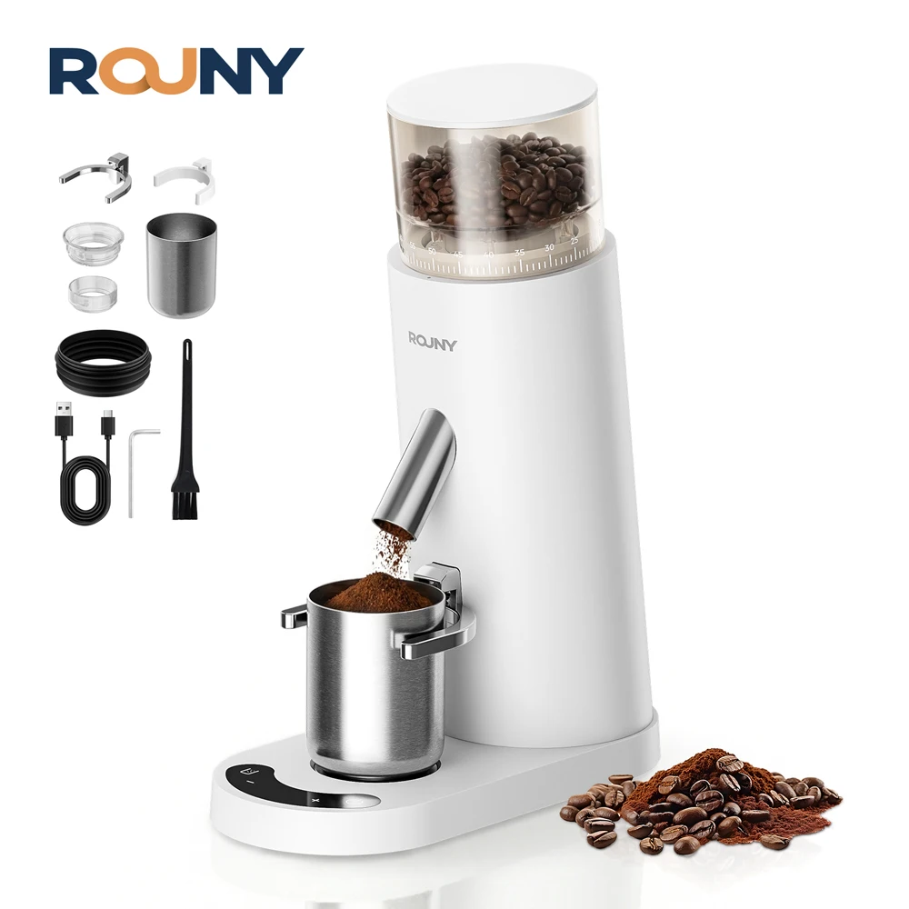Molinillo de Café Inalámbrico ROUNY Eléctrico con 60 Ajustes de Molienda, Recargable por USB-C, Control Táctil LED, Molienda a Bajo Calor, Blanco