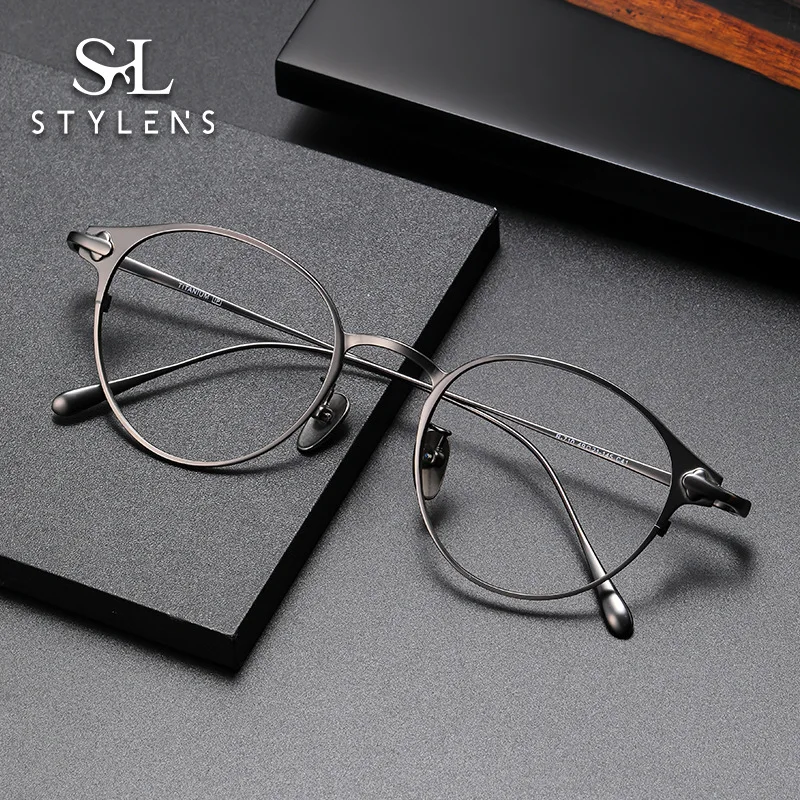 

STYLENS Business Ultralight Pure Titanium Glasses Men's Oval Reading Glasses Anti Blue Light Prescription Customization R710