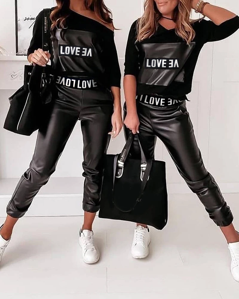 Black Letter Pants Suit  Women Leisure Elegant Atmosphere Leisure Loose Commuter Sports Suit