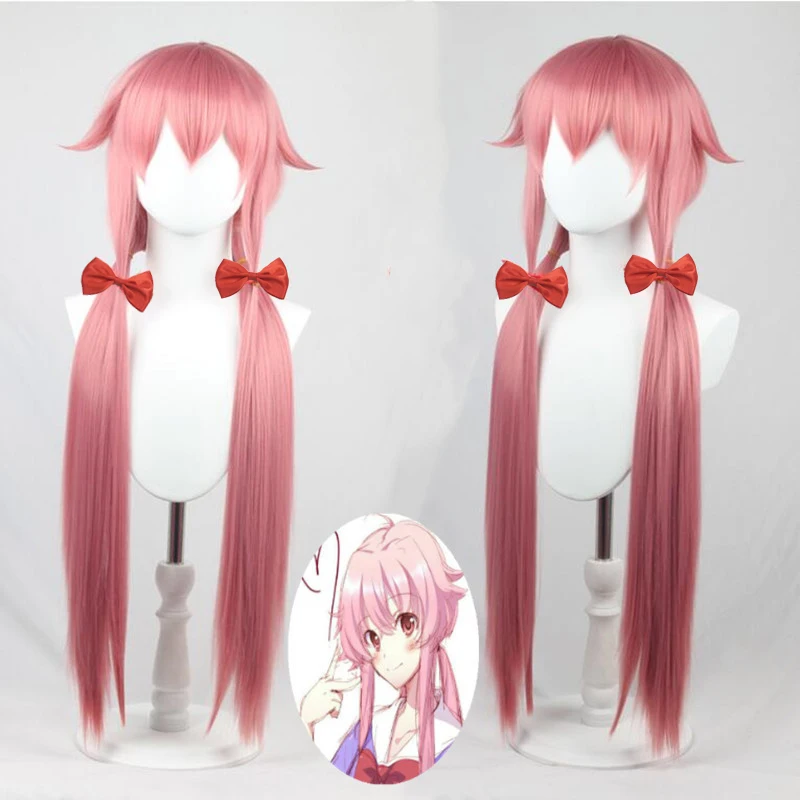 Gasai Yuno Cosplay Wig Future Diary Cosplay High Quality Long Pink Double Ponytails Heat Resistant Synthetic Hair Wigs + Wig Cap