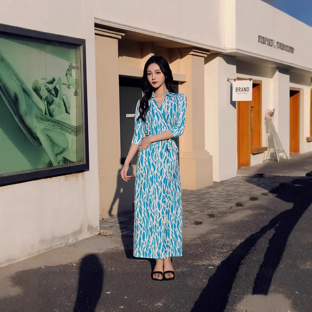 

Ele Blue White Geometric Print Slimming Long Dr with Stand Collar for Women High Waist Summer New Sle