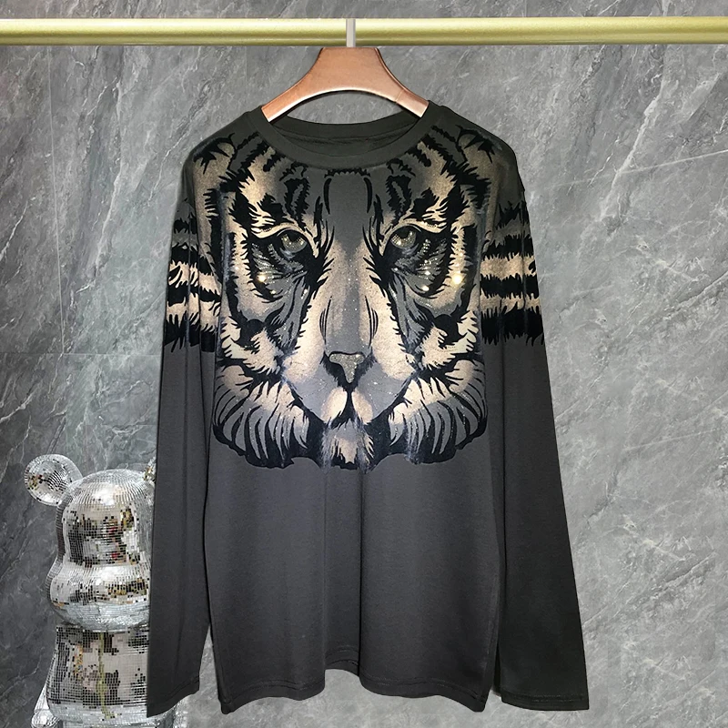 2023 Fall Round Neck T-shirt New Men Long Sleeve Personalized Print Hot Diamond T-shirt Men Versatile Tiger Head Sweatshirt