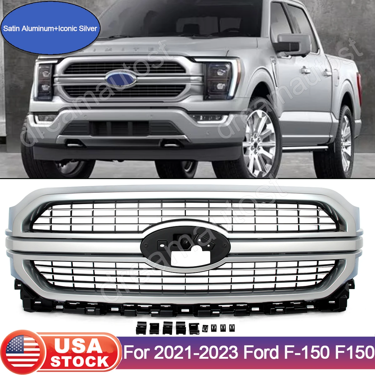 Front Bumper Upper Grille Modified Grills Replace For Ford 2021-2023 F-150 F150 Limited Front Hood Grille Racing Grills Silver