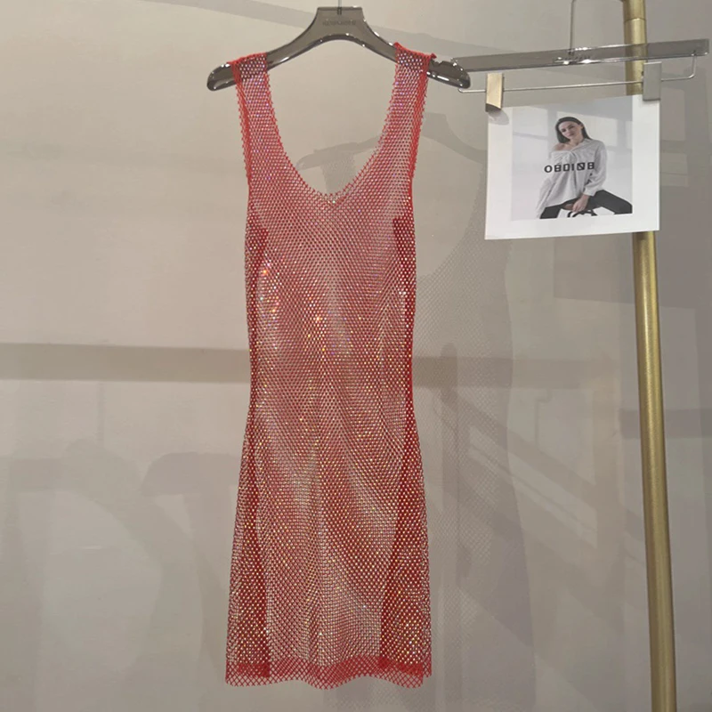 Damen Strass-Netzkleid Durchsichtiges Mesh-Midikleid Funkelndes Transparentes Bodycon-Partykleid Nachtclub-Outfit Festival-Rave-Outfit – Detail 4
