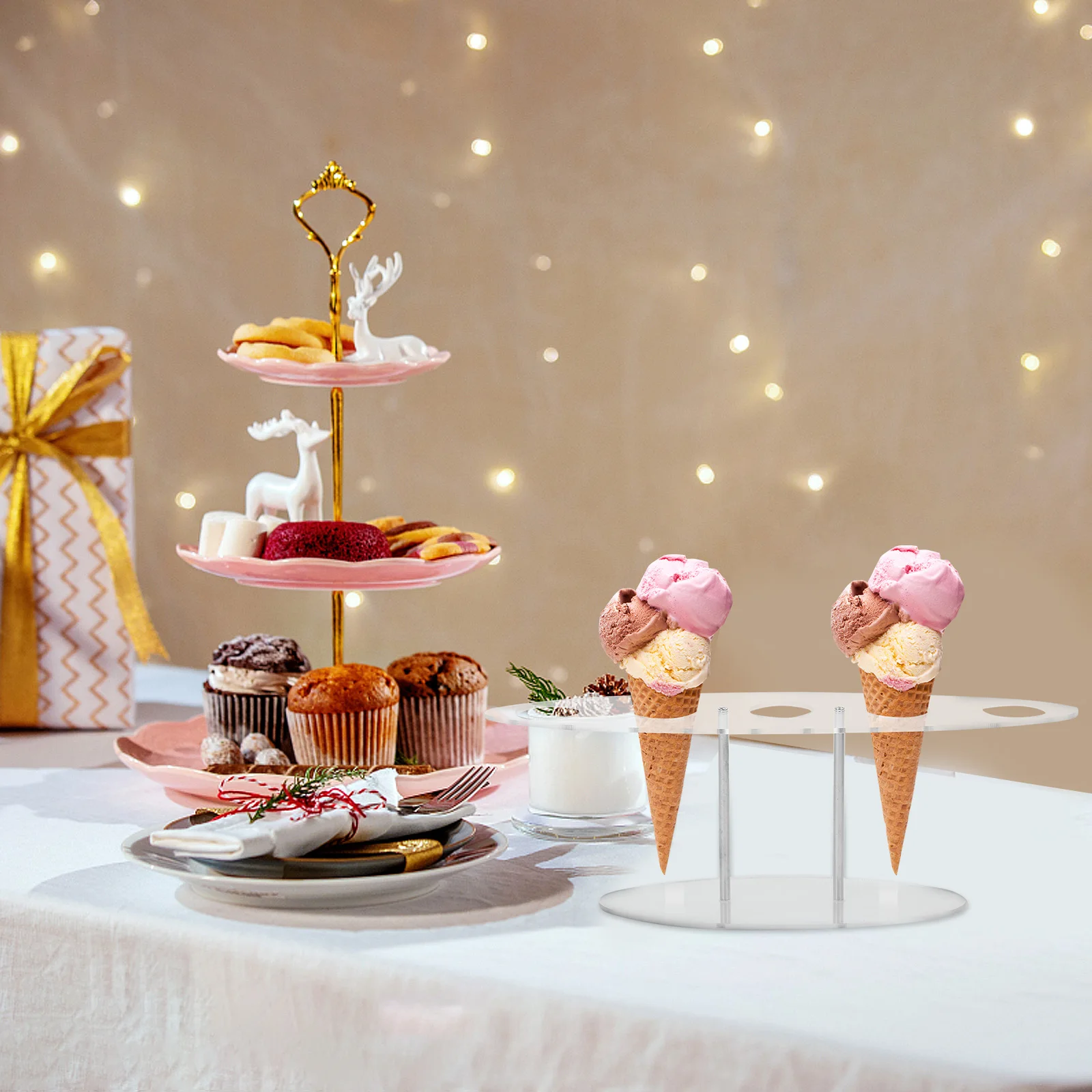 

5 Holes Ice Cream Cone Display Rack Acrylic Metal Stand Easy Clean Home Bakery Party Cone Holder Stable
