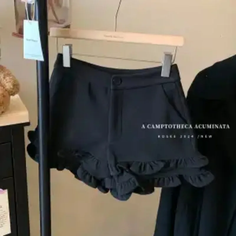 

Корейский стиль, модные и универсальные черные повседневные шорты трапециевидной формы с широкими штанинами и высокой талией для похудения с грибковыми краями