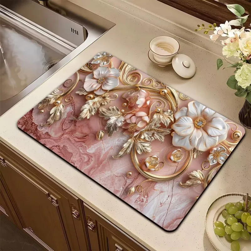 VIKAMA Pink Marble Relief Flower Mat, Water Absorbent & Quick Dry, for Kitchen Counter Vanity Sink Drying Mat, Home Decor