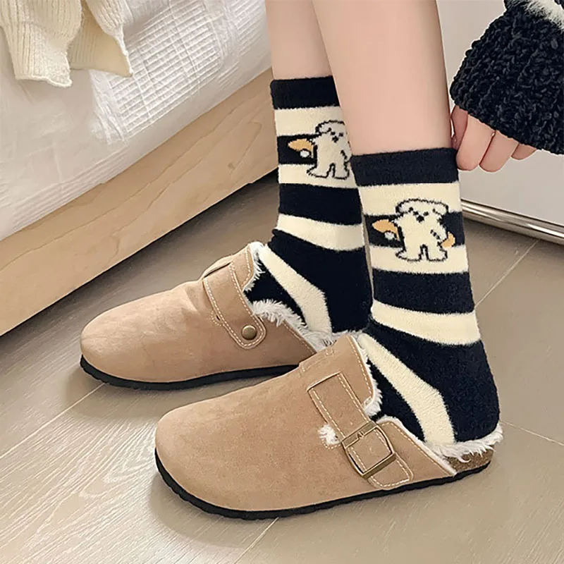 Autumn Winter Socks Breathable Womens Mid-tube Hose With Plush Thickened Mink Velvet Cute Cartoon Warm Stockings