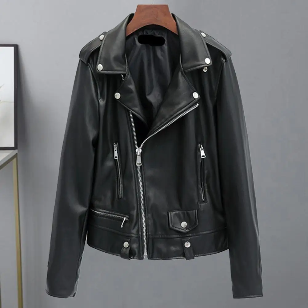 Winter Women Jacket Faux Leather Smooth Surface Turn-down Collar Zip-up Zipper Decor Outerwear Long Sleeves Motorcycle Coat