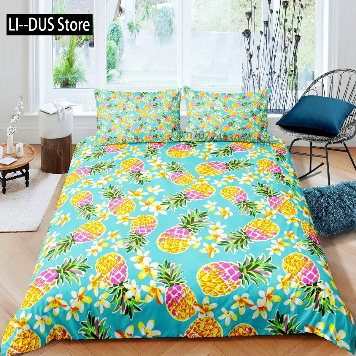 

Cartoon Pineapple Bedding Set Daisy Flowers Comforter Cover Set for Kids Teens Women Room Decor Duvet Cover Full Size 3 Pieces