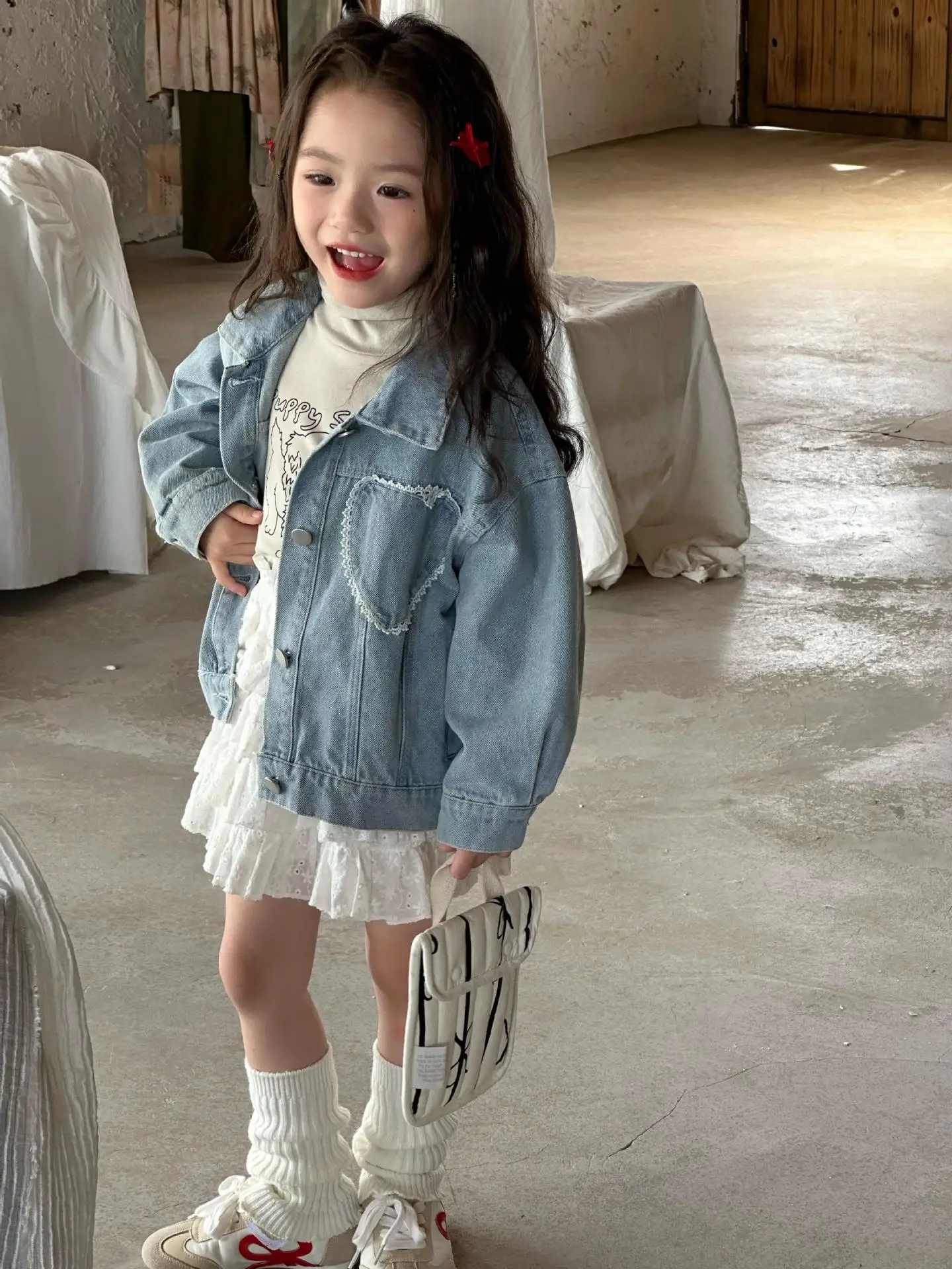 Children Blue Denim Lace Love Jacket White Layered Short Skirt 2024 Autumn New Children Spring and Autumn Clothes