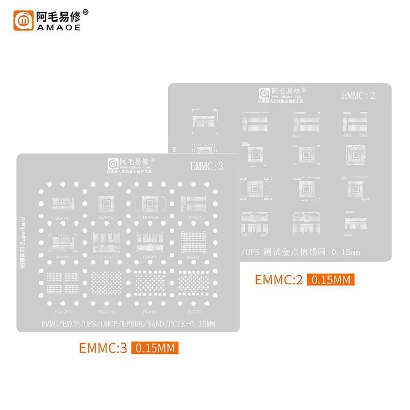 AMAOE EMMC2 3 BGA Reballing Stencil For Android Nand Flash EMMC EMCP UFS LPDDR PCIE 153 162 169 221 254 60 70 186 200 Tin Net