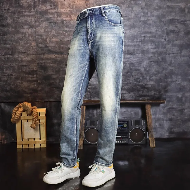 Newly Designer Fashion Men Jeans High Quality Retro Washed Blue Stretch Skinny Fit Ripped Jeans Men Vintage Trousers Denim Pants