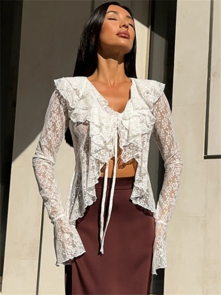 

Tossy Mesh Printed See-Through T-shirt Top Female Lace-Up V-Neck Ruffled Sexy Cropped Top Women's Bandage Cardigan Tee Ladies