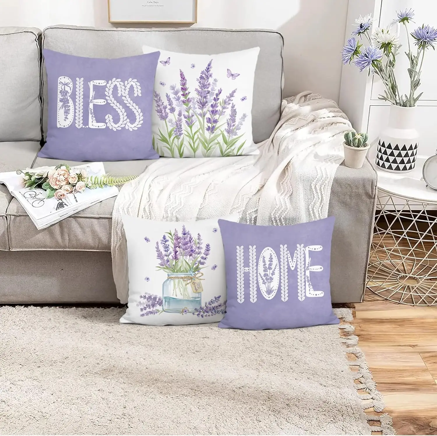 4pcs Lavender Home Bless Butterfly Floral Printed Pillow Cover Polyester Cushion Case 2D Flat Provence Decor Now