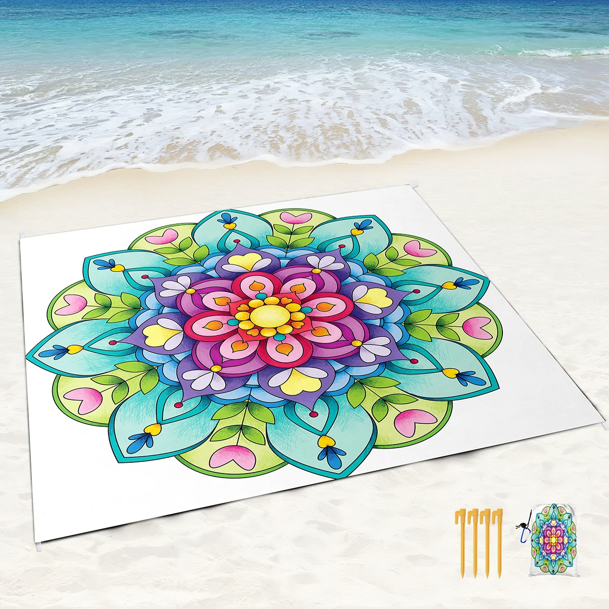 Sand Proof Beach Blanket Water Proof Mat with Corner Pockets and Mesh Bag for Beach,Travel,Camping,Beautiful Quiet Blue Mandala image 3