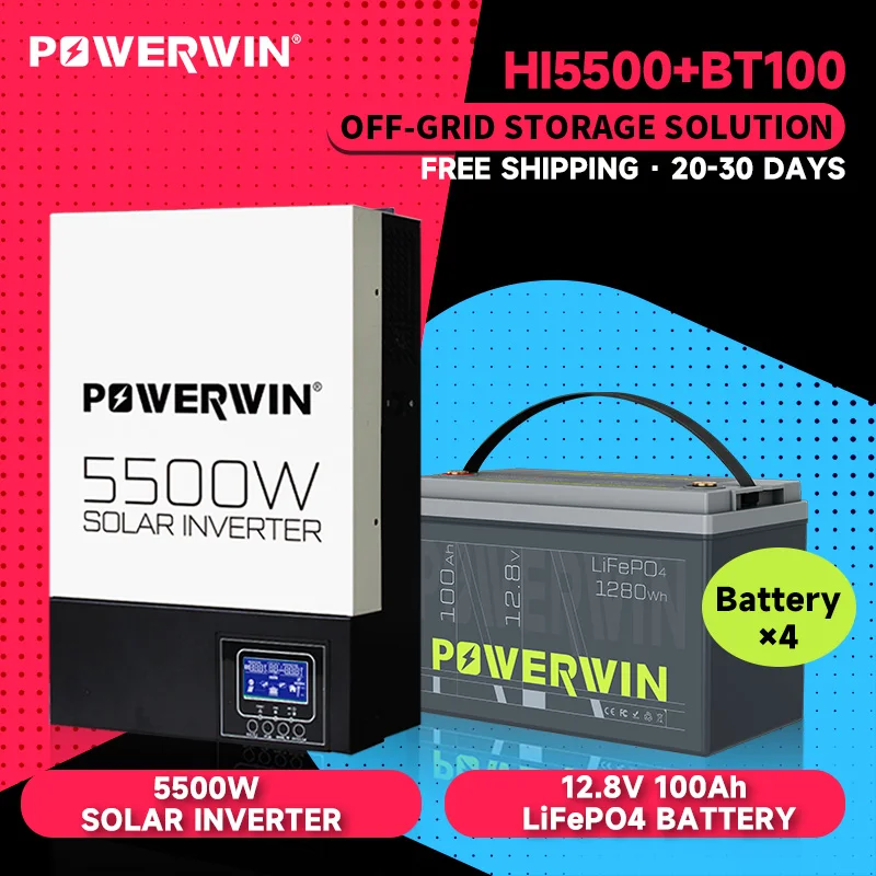 POWERWIN BT100 LifePO4 12V 100Ah/1280Wh Hybrid Solar Inverter HI5500 5500W 48V Pure Sine Wave 100A MPPT 48V Off-grid Battery LCD