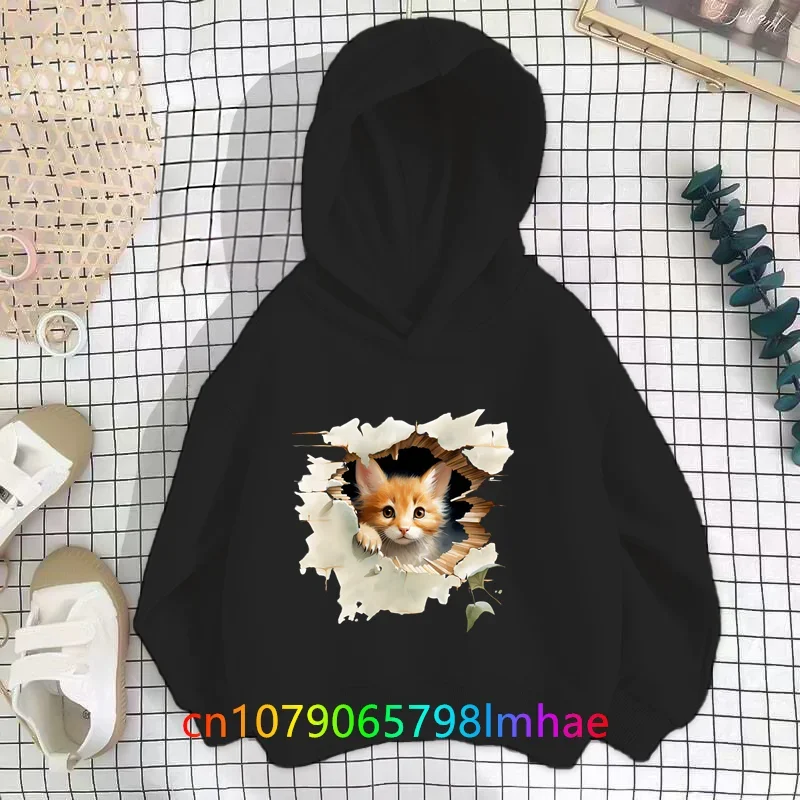 Boy Girl Animal Cat Impresso Streetwear Hoodie, Moletons extragrandes, Crianças Pullovers, Roupas de outono, Moda