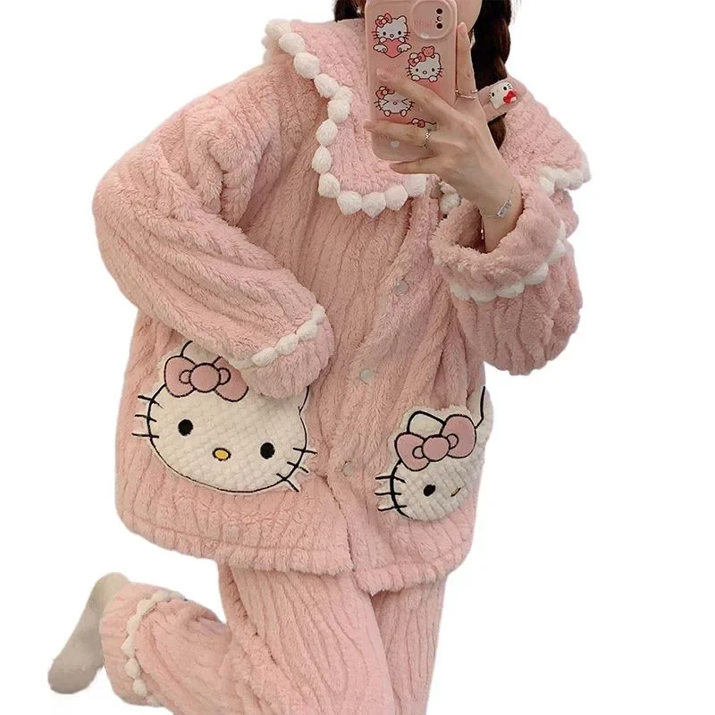 Mininstants Sanurgente-Ensemble de pyjama Hello Kitty pour fille, chemise de nuit douce et confortable, optique, vêtements de maison Kawaii, cadeau pour fille, hiver