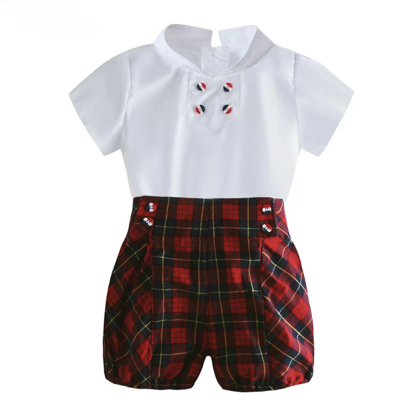 2024 Children's Top and Bottom Clothes Sets Spanish Outfit for Little Boys Summer Matching Newborns White Shirt + Plaid Pants