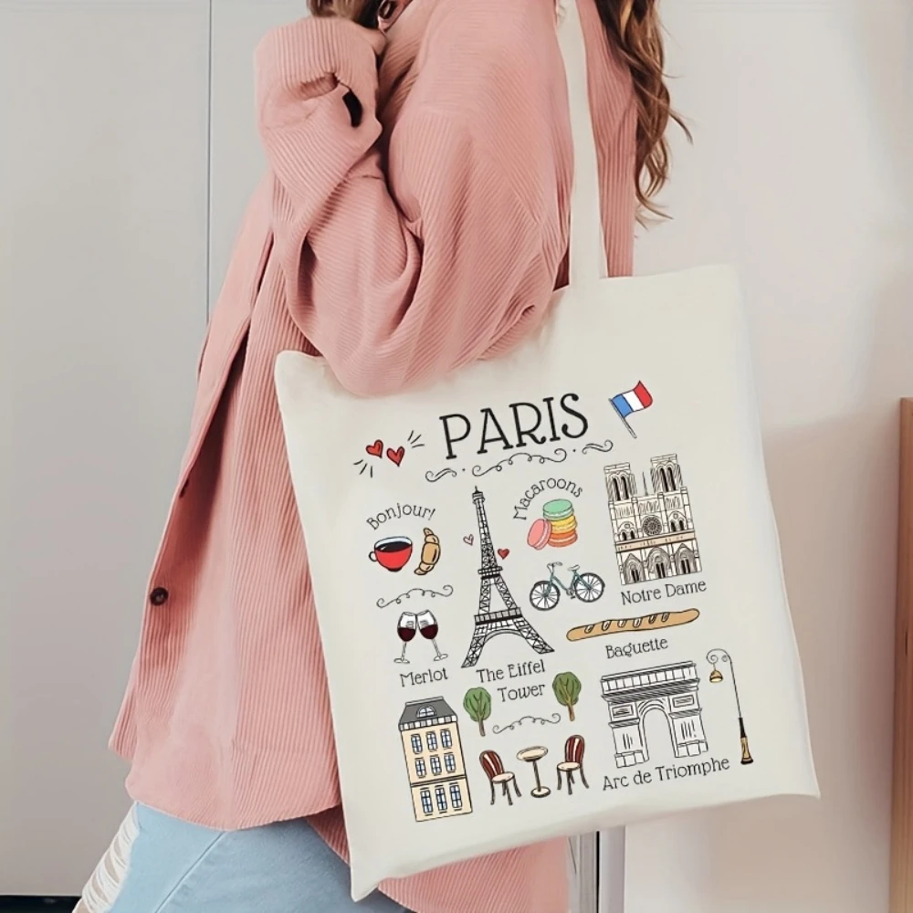 Paris & New York City Landmarks & Culture Print Canvas Tote Bag, Ideal Travel Gift for City Lovers & Travel for Everyday Carry