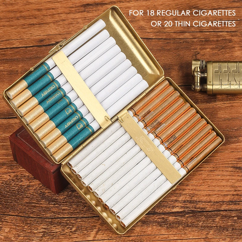 Retro Pure Copper Cigarette Box for 18 Cigarettes Case Holder Pattern Carving Pocket Smoke Tools Brass Smoking Accessories Gift