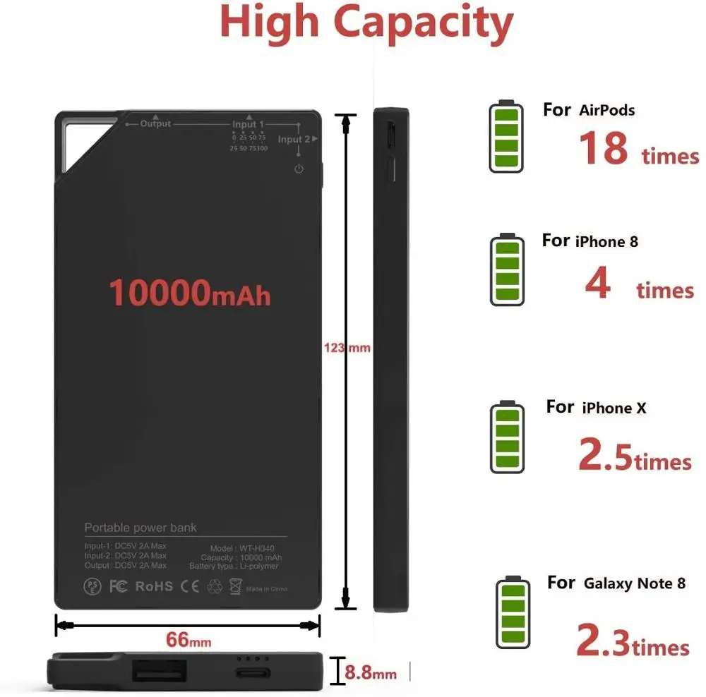 TNTOR 10000mAh power bank, portable slim power bank, only 8mm,  5v 2A fast charging battery, for iPhone14 13 12 Pro max, Xiaomi