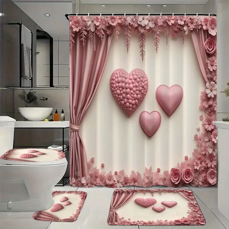 

4pcs Bathroom Set Shower Curtain with 12 Hooks Floor Mat Toilet Contour Mat And Toilet Lid Mat Bathroom Decoration Bathroom Acce