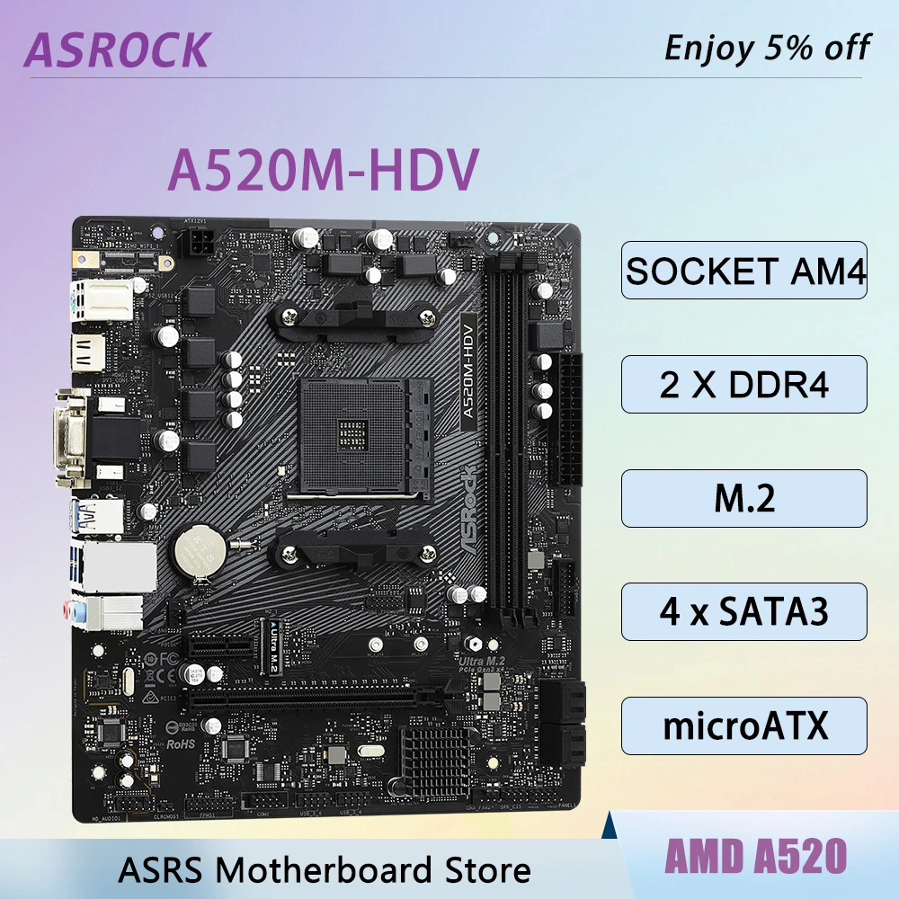 AMD A520 Motherboard ASRock A520M-HDV Support AM4 CPU Ryzen 5 5600X 4500 3 4300G 9 3600XT DDR4 4733+(OC) M.2 M-ATX Desktop PC