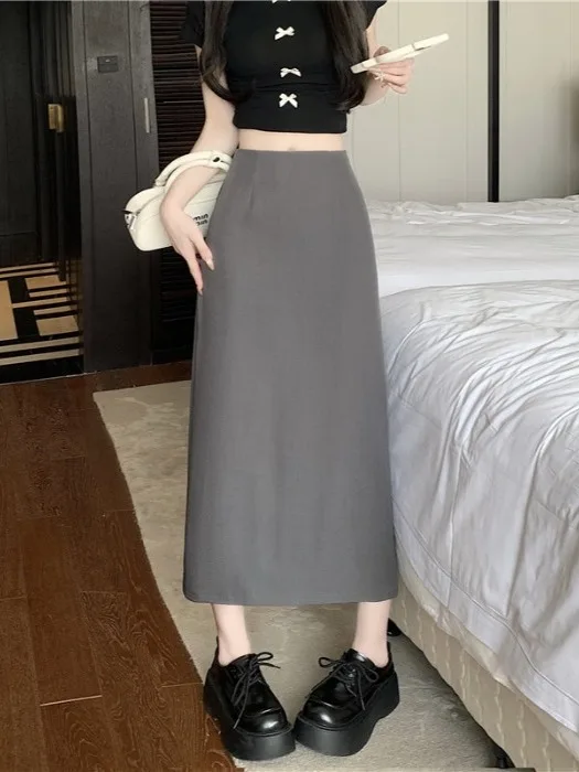 Spódnica midi khaki z wysokim stanem, prostymi nogawkami, wyszczuplająca, z rozcięciem, w kształcie litery A, damska, jesienno-zimowa, nowa, elegancka, do biura, do pracy.