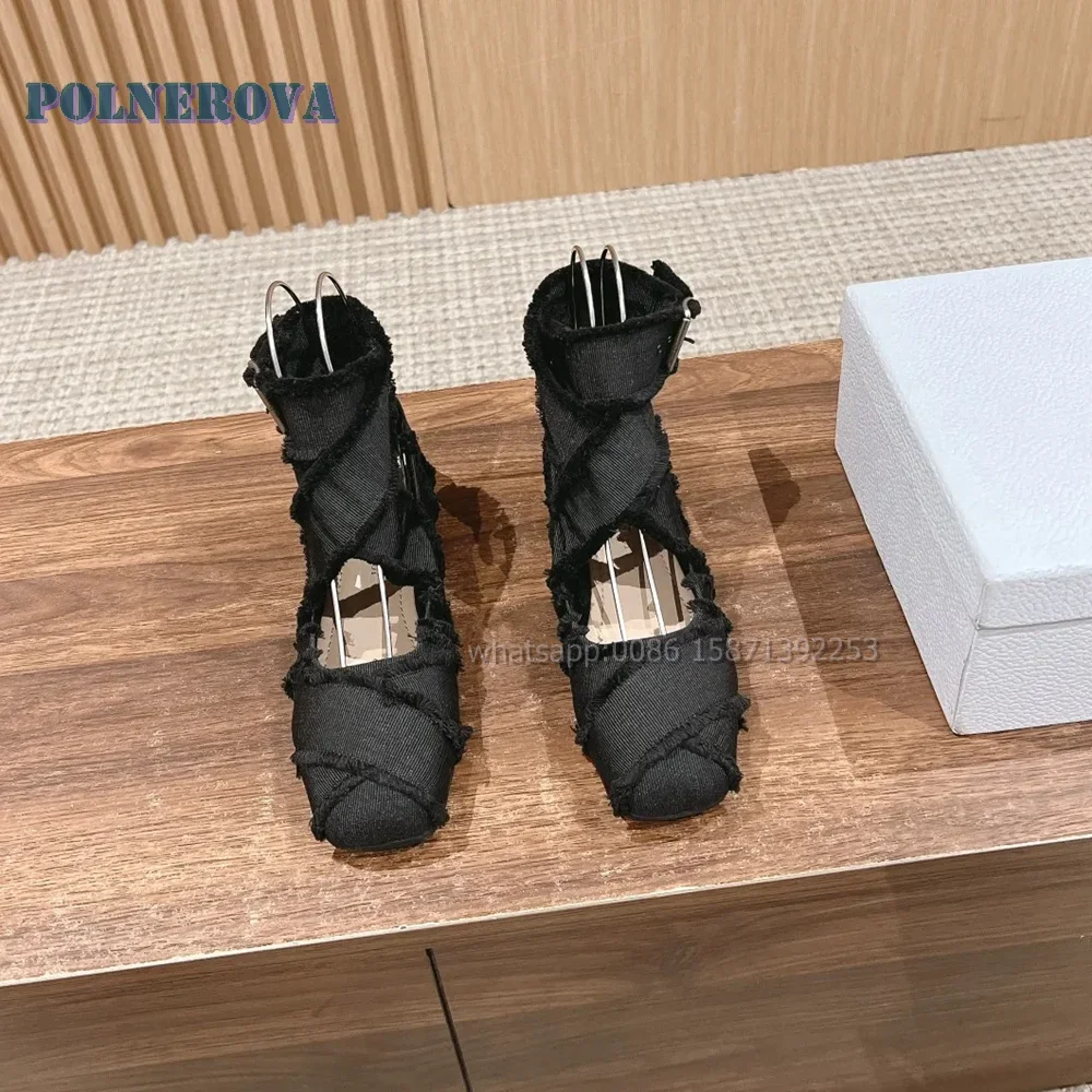 Cross Tied Fringe Ballet Shoes Square Toe Flat with Hollow Out Shallow Mental Buckle Mary Janes Solid Patchwork Retro Pumps 2024