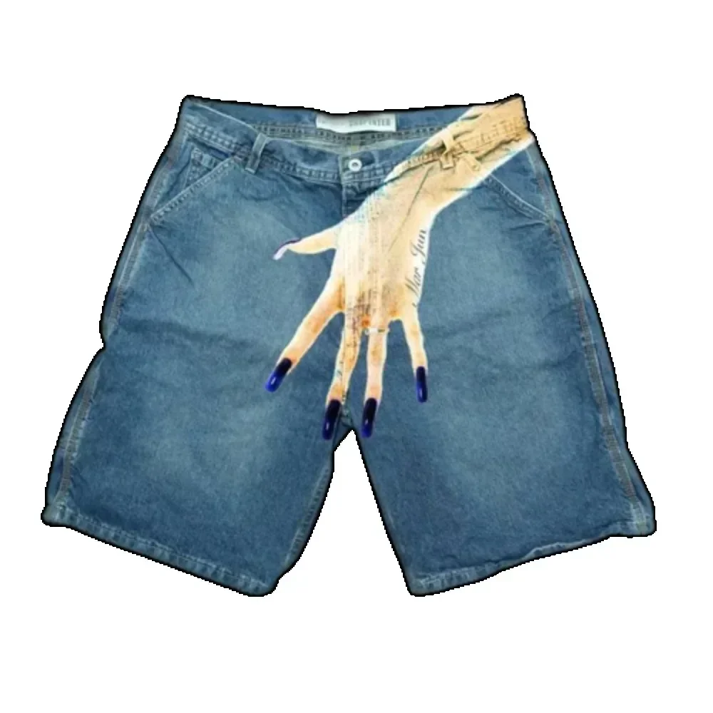 Y2K vintage baggy jeans shorts para mulheres, mãos impressas, streetwear, carga coreana, azul, denim, azul