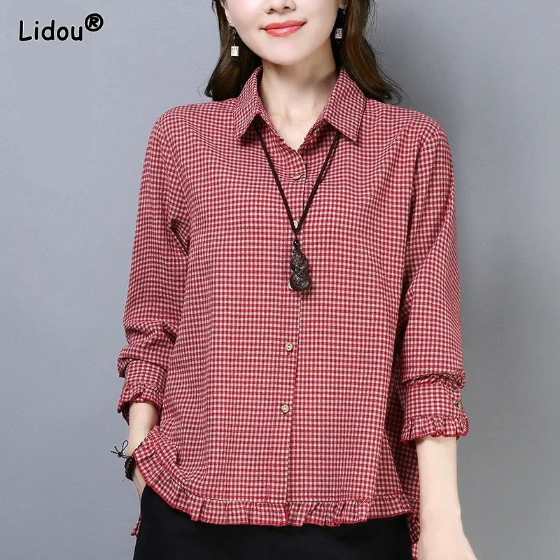 

Women Shirt Thin Button Turn-down Collar Lattice Pleated Ruffles Loose Leisure Spring Summer Korean Classic Women's Clothing