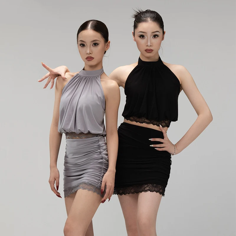 Latin Dance Clothes Women Short Tops Wrap Hip Skirt Gray Black Lace Rumba Tango Chacha Dance Performance Costume Club DNV27893