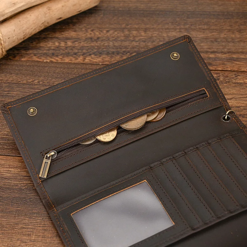 Luufan, el más nuevo diseñador, billetera de cuero genuino para hombre, tarjetero con cremallera, bolso largo triple, billetera de cuero de vaca para hombre con cadena de hierro
