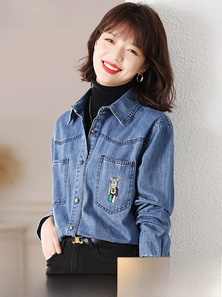 Spring Autumn Winter Denim Shirt Jacket Women's Long Sleeve Top Design Sensation Small Audience Commute Style Pure Color Kore...