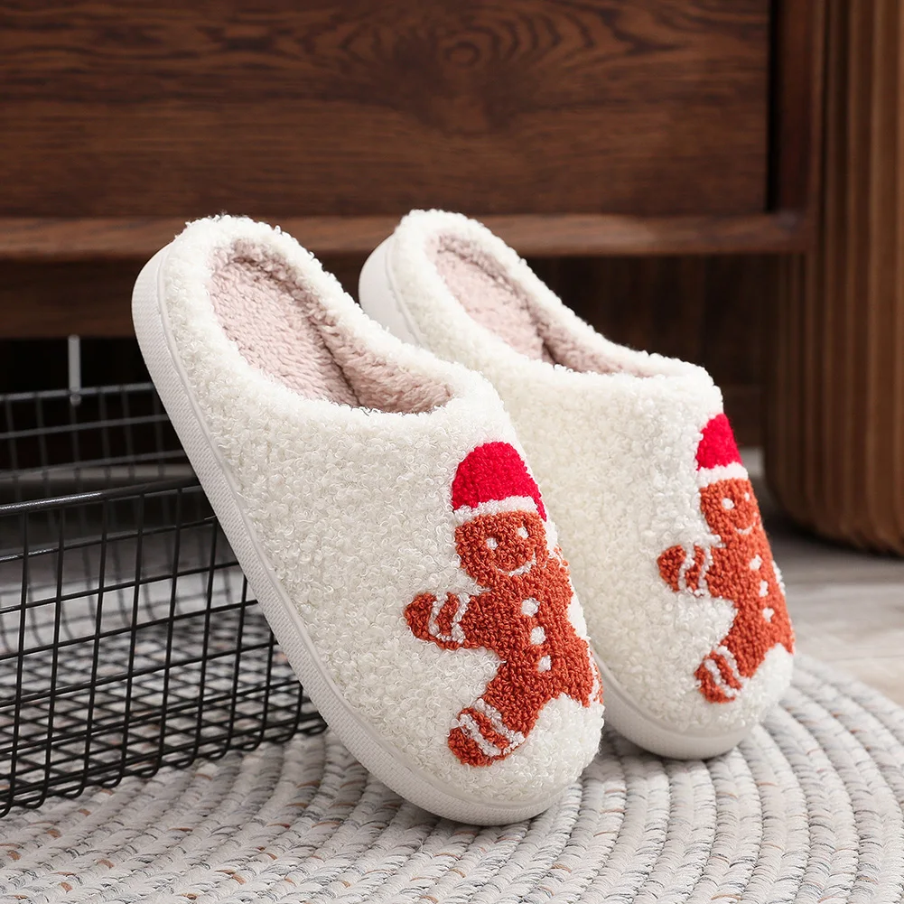 Gingerbread Man Fluffy Fur Slippers Cozy Plush Closed Toe Slippers Soft Plush Slip-on House Shoes Cartoon Household Supplies