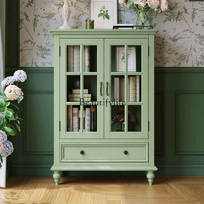 

American rural green solid wood wine cabinet, storage and storage cabinet integrated against the wall