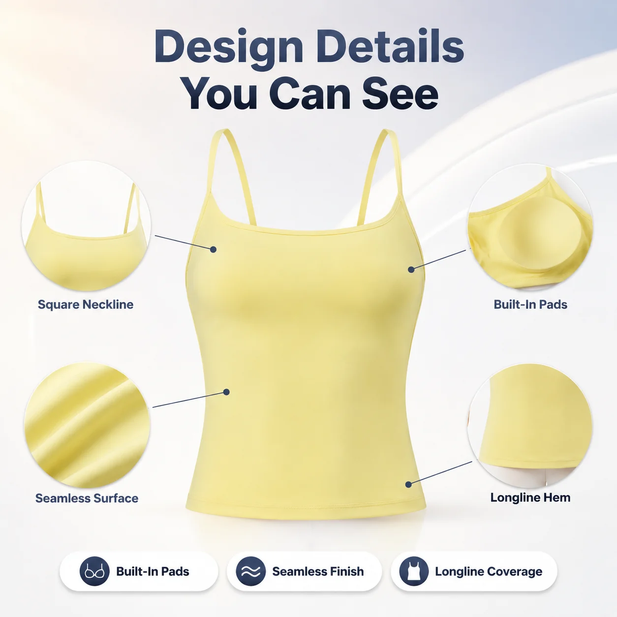 Women's Square Neck Spaghetti Strap Longline Sports Bra with Built-in Pads Nude Feeling Seamless Workout Tank Top for Yoga Pilat view 5