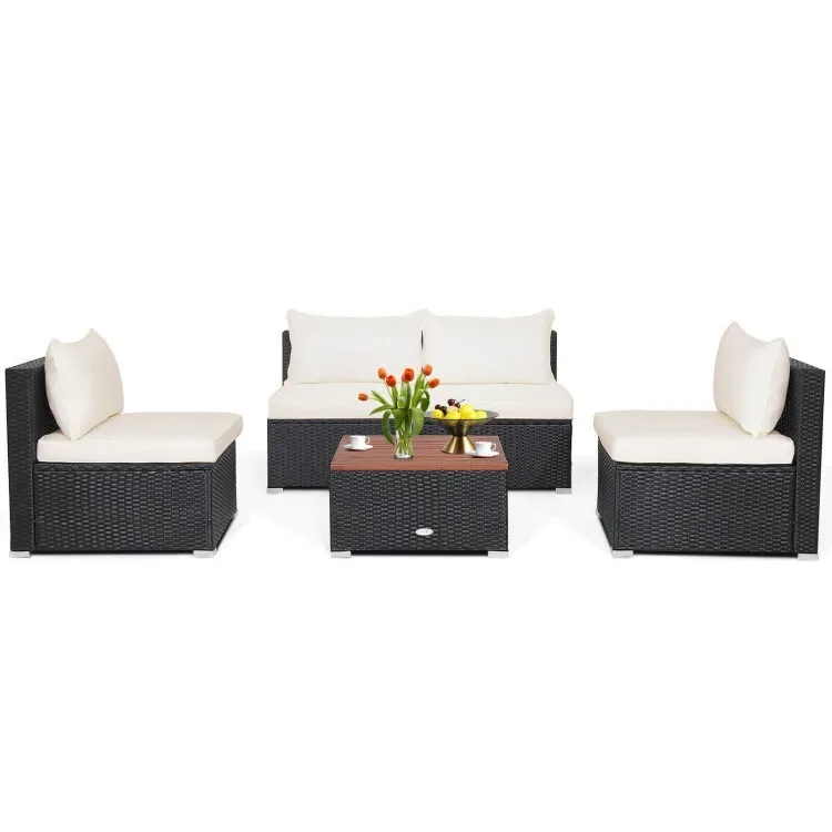 

5-Piece Outdoor Rattan Sectional Patio Sofa Furniture Set Table W/ Soft Cushions