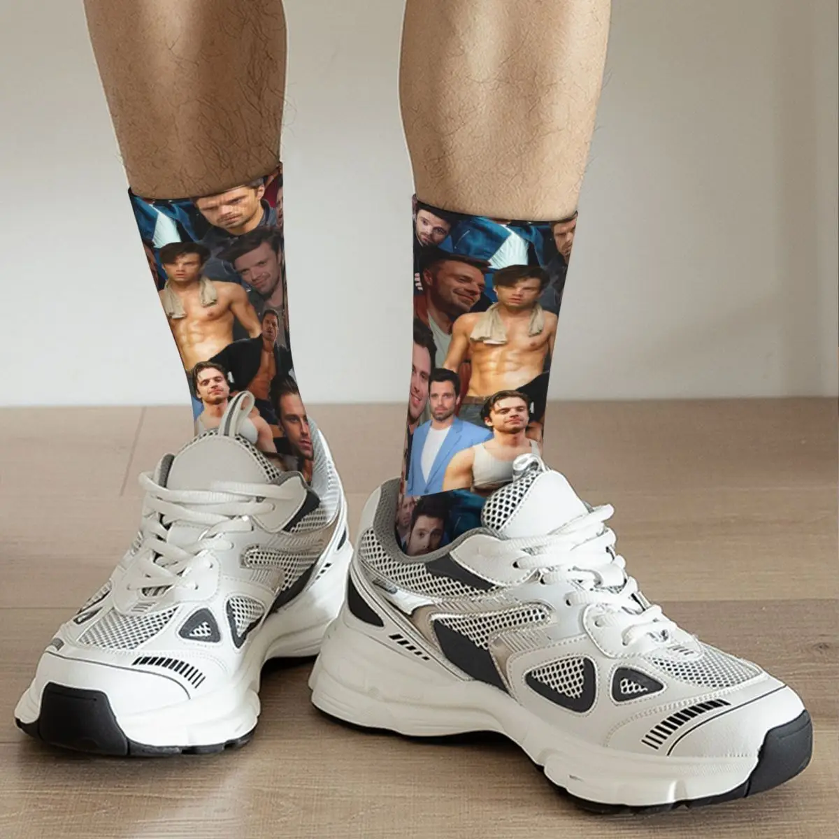 Funny Sebastian Stan Photo Collage Soccer Socks Polyester Middle Tube Socks for Women Men Breathable