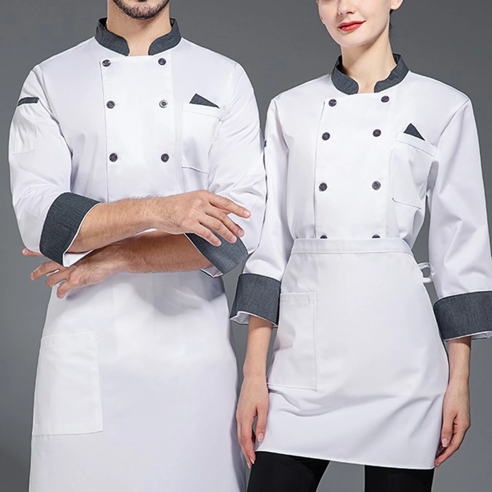 Unisex Women Men Double-Breasted Chef Coat Contrast Color Stand Collar Long Sleeve Cook Jacket Restaurant Hotel Kitchen Uniform