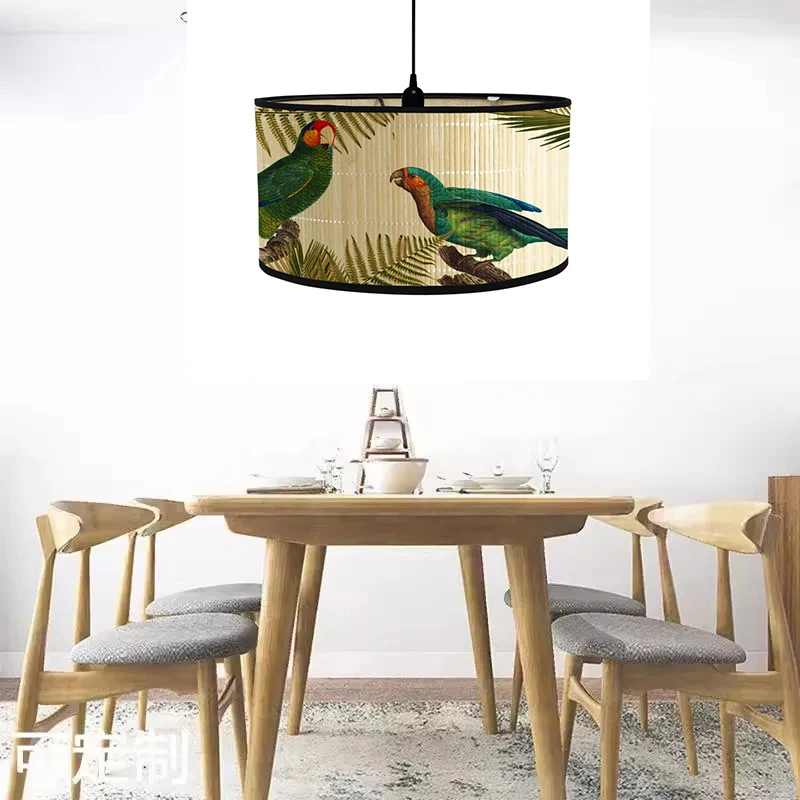 Nordic Drum LampShades Vintage Bamboo Lamp Cover Floral Birds Pattern Table Floor Lamps Pendant Light Cafe Home Homestay Decor