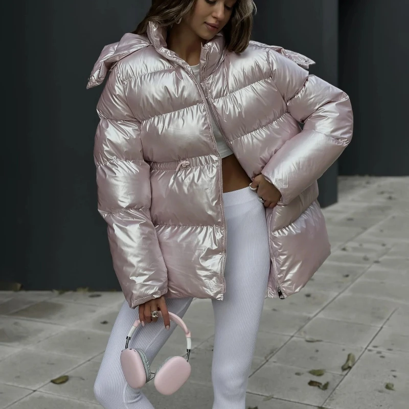 

Fashionable Shiny Cotton Jacket for Women Autumn and Winter Detachable Hooded Quilted Cotton Jacket