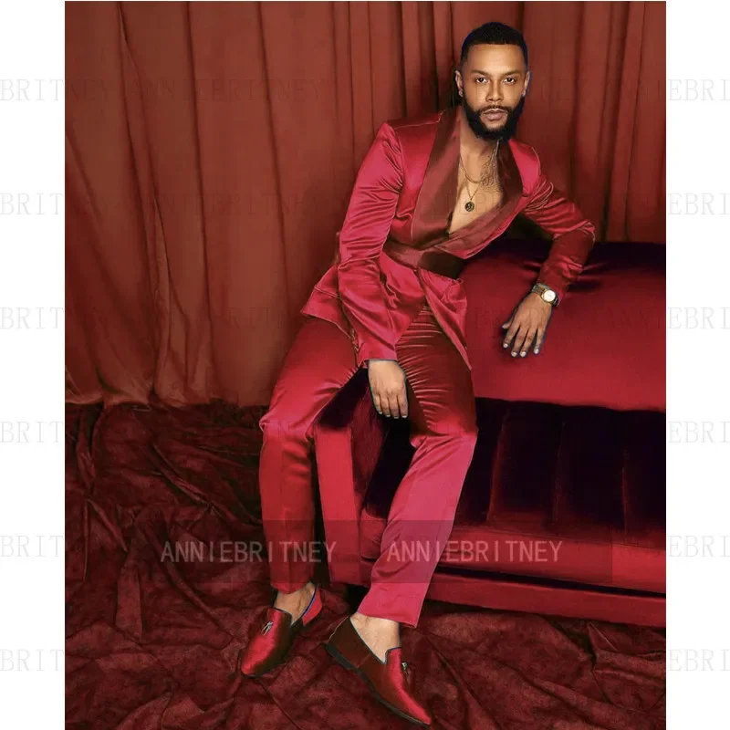 

Custom Luxury Burgundy Satin Men Suits High Quality Party Prom Blazer Set 2 Piece Male Costume Army Green Jacket Pants With Belt