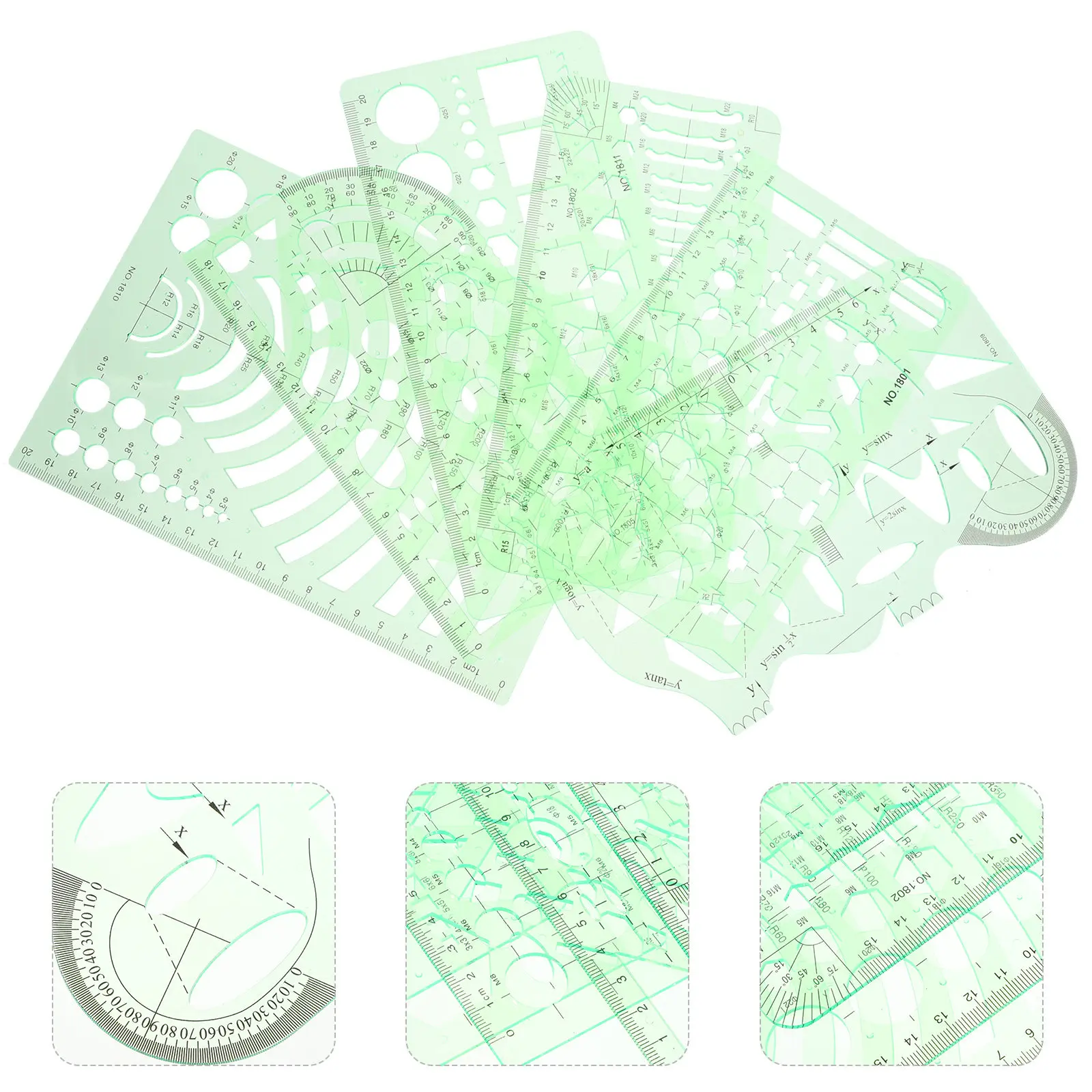 Geometric Stencil Set for Drafting – Transparent Green Plastic Shape Templates with Metric Ruler, School & Art Use