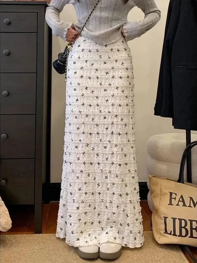 Women's White Lace Long Skirts Floral Printed French Style Wrap Mermaid Skirt High Waist Slim Y2k Cutecore Spring Autumn Bottoms