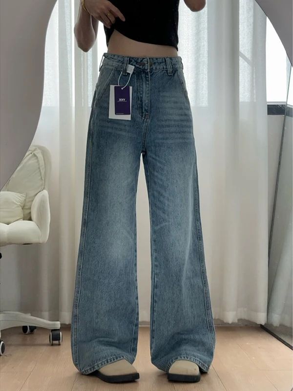 

Ретро-джинсы в американском стиле, выцветшие, с широкими штанинами, женские, с высокой талией, стройнящие, свободного кроя, прямые, в пол, с принтом «листья»